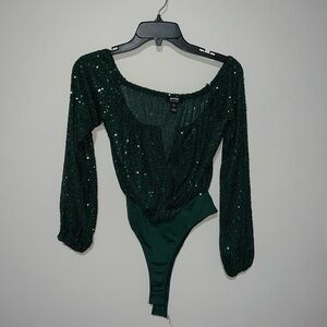Emerald Top Dark green sequin long sleeve off the shoulder bodysuit Small